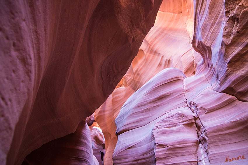 Antilope Canyon
Durch das reflektierende Sonnenlicht erstrahlen die hohen, dunklen Sandsteinwände in warmem Rot, Braun und Violett. Beste Besuchszeit für Fotografen ist in den Sommermonaten die Mittagszeit. 
Schlüsselwörter: Amerika Antiop Canyon