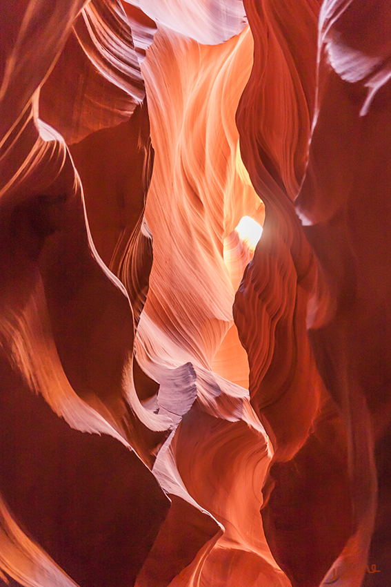Antilope Canyon
Der Upper Antelope Canyon, gilt als Tipp für Fotografen, weil sich hier durch die Erosion des roten Sandsteins, der Teil der Moenkopi-Formation ist, außergewöhnliche Formen gebildet haben. Hauptsächlich in den Sommermonaten ergeben sich durch die von oben hereinscheinende Sonne die sogenannten Beams, die vor allem um die Mittagszeit oft für fantastische Farb- und Lichtspiele sorgen.
laut Wikipedia
Schlüsselwörter: Amerika Antiop Canyon