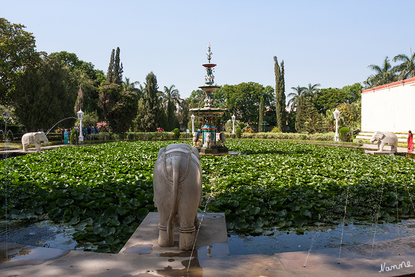 Udaipur - Garten der Frauen
Dieser im 18. Jh. zwischen Rosenbeeten angelegte Park mit seinen Waserspielen, Pavillons, Lotusteichen und lebensgroßen Steinelefanten war ein Lustgarten, in dem die Maharanas sich mit ihren Konkubinen trafen. 
Schlüsselwörter: Indien, Udaipur, Garten der Frauen, Sahelion Ki-Bari