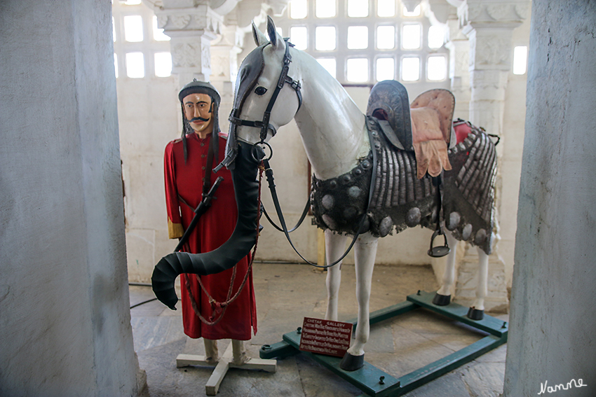 Udaipur - Stadtpalast
Diese Räume sind zu Ehren der Pferde und Helden der Schlacht von Haldighati, die am 18.Juni 1576 stattfand, dekoriert. Im Inneren befinden sich einen umfangreiche Waffensammlung und mehrere Monumentalgemälde der Schlacht. Besonders interessant ist die Elefantenrüssel-Attrappe, die damals Pferden im Kampf um den Kopf gebunden wurde. Das Pferd sah aus wie ein Baby-Elefant und so griffen die Kriegelefanten des Gegners das vermeidliche Baby nicht an. laut ingrids-welt
Schlüsselwörter: Indien, Udaipur, Stadtpalast