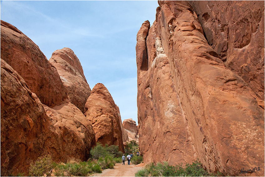 Arches NP
Devils Garden - Der Weg zu den Arches geht vorbei ein hohen, engen  Felsen.
Schlüsselwörter: Amerika Arches NP Devils Garden