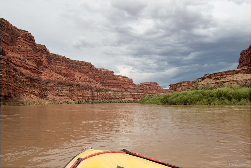 Canyonlands
Mit dem Schlauchboot auf dem Colorado River. 
Der Colorado- und der Green River winden sich durch das Canyonland und haben tiefe Schluchten im laufe der Jahrhunderte gebildet. Entgegen der heißen sonnigen Wüste ist es an den Flussläufen auffallend grün und voller Leben.
Schlüsselwörter: Amerika Canyonlands Schlauchboot