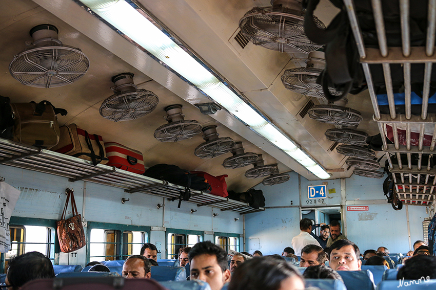Mit dem Zug nach Bharatpur
Die "Klimaanlage" funktionierte gut.
Ständig liefen auch Männer mit Getränken ob Wasser, Saft oder Tee, durch den Gang. Wenn diese durch waren, kam der nächste und bot Knabbereien an. Langeweile kam nicht auf.
Schlüsselwörter: Indien, Bharatpur, Zug