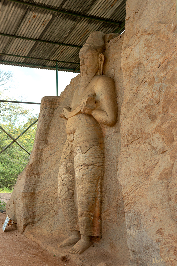 Polonnaruwa - Pothgul Vihara
Die reliefartige, aus dem Felsen geschlagene Figur zeigt einen bärtigen Mann mit freiem Oberkörper und zufriedenem Gesichtsausdruck. Es gibt keine Klarheit darüber ob es sich dabei um die Statue des großen Königs Parakrama Bahu handelt.
Seit 1982 gehört der archäologische Park von Polonnaruwa zum UNESCO-Weltkulturerbe.
Schlüsselwörter: Sri Lanka, Polonnurawa, Pothgul Vihara