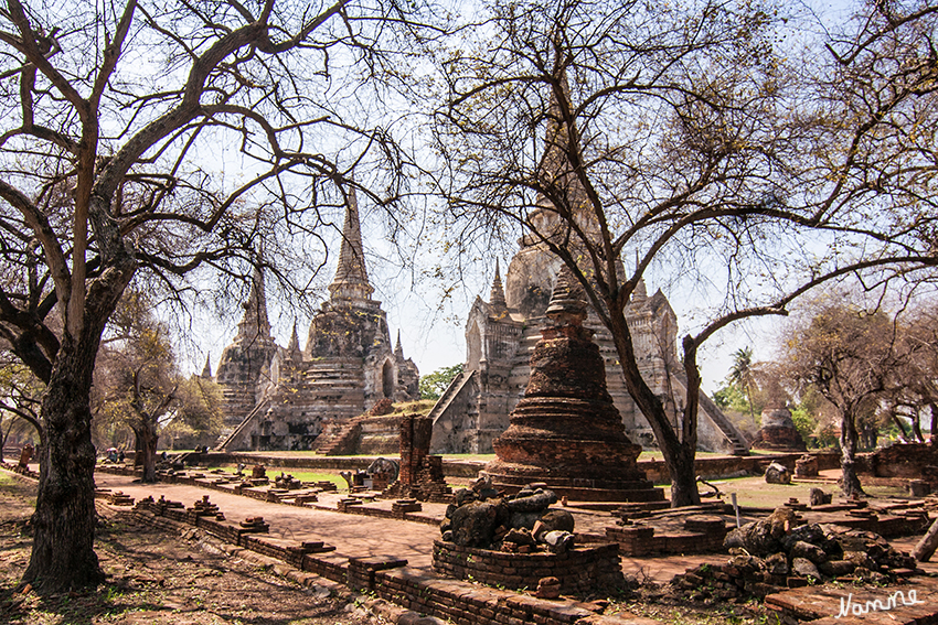 Ayutthaya - Geschichtspark
Wat Phra Sri Sanphet ist der schönste Tempel (Wat) der Stadt. Er liegt direkt südlich des ehemaligen Palast-Geländes. Seine drei großen Chedis, die die Asche von König Ramathibodi II. und seines Vaters aus dem 15. Jahrhundert beherbergen, sind das Wahrzeichen von Ayutthaya. Der zugehörige Viharn und die Mondops sind von den Burmesen zerstört worden.
laut Wikipedia
Schlüsselwörter: Thailand Ayutthaya Wat Phra Si Sanphet