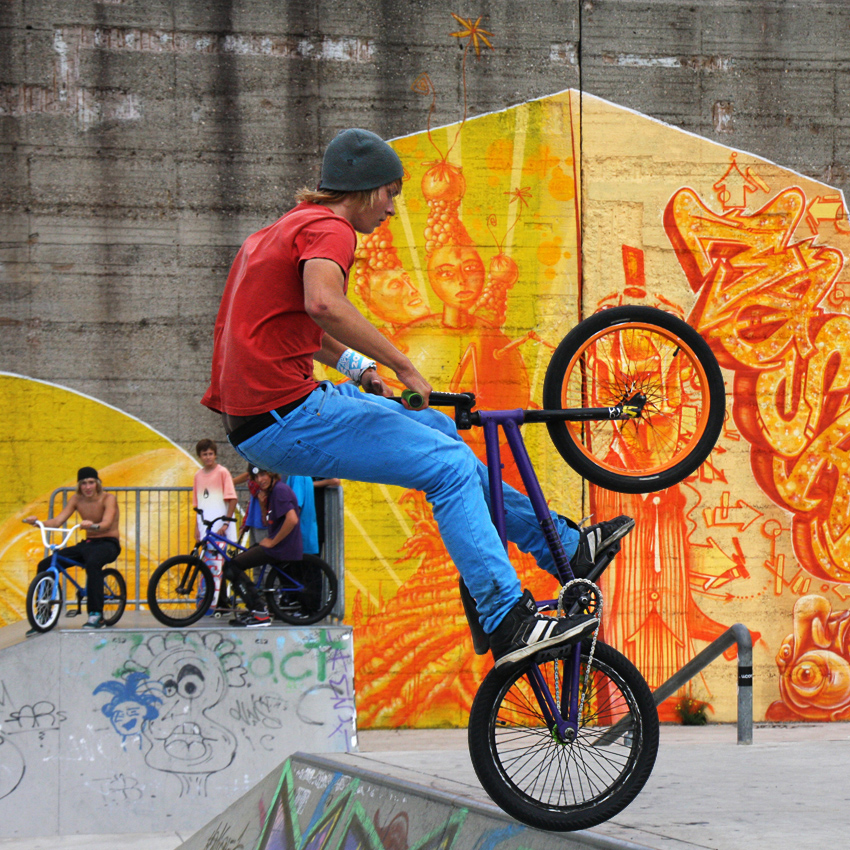 BMX
Viele Freestyler fahren ohne Bremsen, da sie die Bremshebel als störend empfinden oder mehr Radkontrolle aufbauen möchten. Sie bremsen mit den Schuhen, die sie an der Gabel oder dem Hinterbau des Rahmens anlegen und dann mit den Fußballen auf den Reifen drücken.

Quelle Wikipedia
Schlüsselwörter: BMX