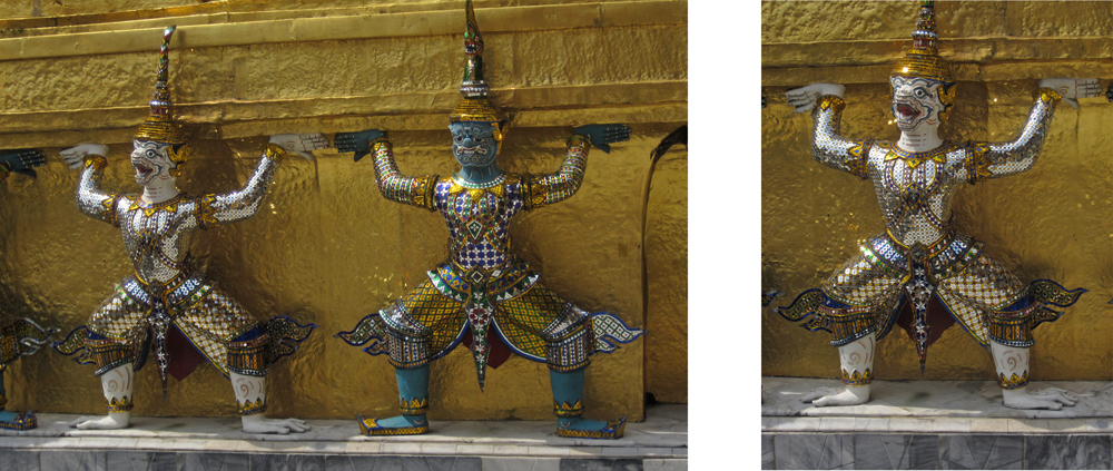 Wat Phra Kaeo Impressionen
Zur 100-Jahr-Feier ließ König Chulalongkorn (Rama V.) vierzehn Statuen mythologischer Wesen nach Vorbildern aus der Zeit von König Phra Nang Klao (Rama III.) nachgießen (siehe Foto). Diese Wesen bevölkern nach altem Glauben den Himaphan-Wald („Schnee-Wald“), der sich an den Hängen des mythologischen Berges Meru, dem Zentrum der Welt, befindet.
Schlüsselwörter: Thailand