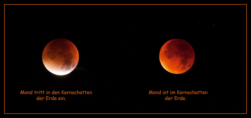 Blutmond
Diese totale Mondfinsternis im September 2015 hat noch eine Besonderheit: In den gleichen Stunden, in denen der Vollmond in einem blutigen Rot leuchtet, kommt er der Erde mit 356.880 Kilometern besonders nah. Wenn der Mond auf seiner Umlaufbahn in extreme Erdnähe kommt und es gleichzeitig Vollmond ist, nennt man ihn "Supermond". Er erscheint dann heller und größer. Es handelt sich also am 28. September sozusagen um einen "Super-Blutmond".
