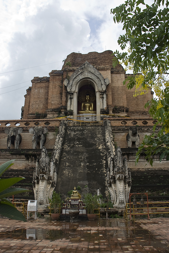 Wat Chedi Luang 
Die Gesamthöhe des Haupt-Chedi, dem "Phra Dhatu Chedi Luang", der an der Basis einen stattlichen Durchmesser von immerhin 60 Metern aufweist, beträgt ungefähr 56 Meter. Phra Dhatu Chedi Luang ist die grösste Pagode in ganz Thailand überhaupt und sie wurde vor über 600 Jahren, um 1391 in der Regierungszeit von König Saenmuangma, erbaut.
Schlüsselwörter: Thailand