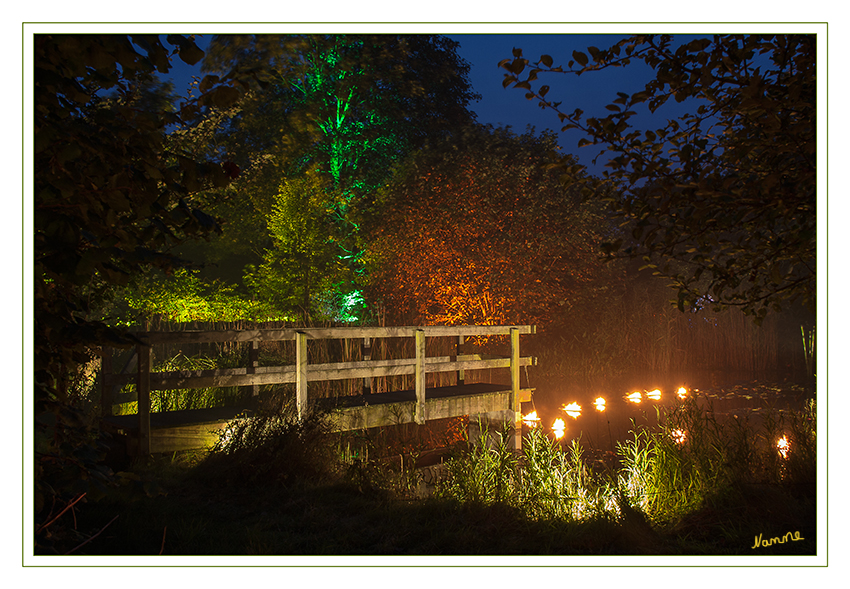 Natur im Licht
Nach Einbruch der Dunkelheit wird der historische Baumbestand festlich illuminiert. 200 Ölfackeln markieren den Rundgang für die Besucher, und Lichtpunkte mit sphärischer entspannender Musik laden zum Innehalten ein. 
Schlüsselwörter: Natur im Licht Zentralschulgarten Düsseldorf