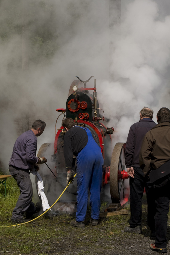 Zuviel Dampf
hatte diese Lokomobile
Baujahr 1919

Jahrelang diente diese Lokomobile als Antriebseinheit für eine Asphaltmühle in den Niederlanden.
Heute treibt sie im LWL-Industriemuseum bei Schauvorführungen einen Steinbrecher an.

Schlüsselwörter: Dampffestival Bochum              Lokomobile