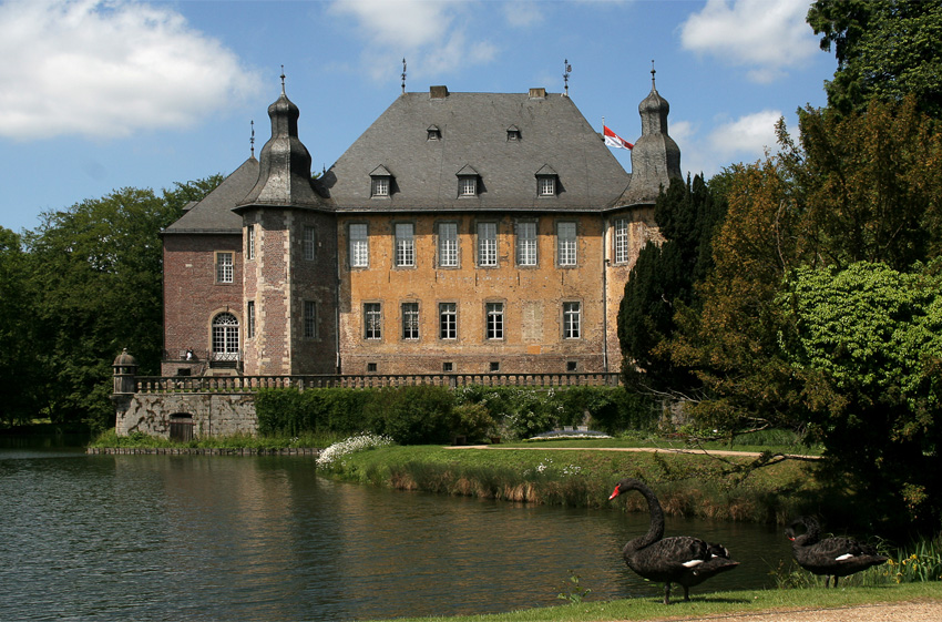 Schloß Dyck
Das vierflügelige, von Ecktürmen begrenzte Schloss umgibt einen fast quadratischen Innenhof
Schlüsselwörter: Schloß Dyck    Trauerschwäne