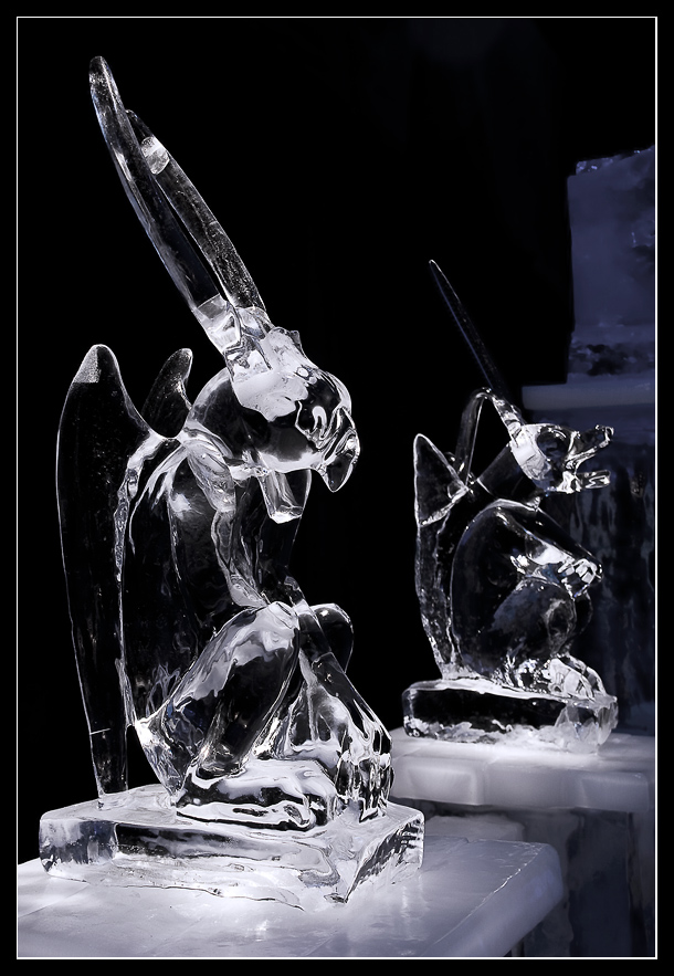 Eisskulptur
Die Skulpturen entstehen aus Eisblöcken von je 1,5 Tonnen. Als Werkzeug dienen Messer, Bügeleisen und Kettensägen. 
Schlüsselwörter: Eisskulptur