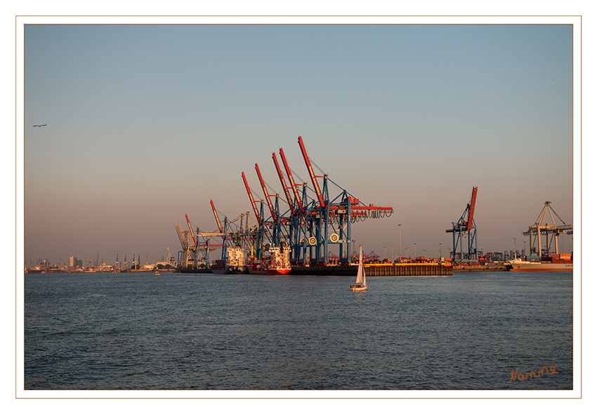 Hamburg - Containerterminal
Das Schiff legt an einem der vier Liegeplätze an. Eine der 14 Zweikatz-Containerbrücken nimmt sich des Containers an. Zunächst transportiert der Kranführer in der Hauptkatze ihn auf die Laschplattform der Brücke, wo Lascharbeiter die Verbindungen des Containers, die Twistlocks, entfernen. Der vollautomatische Umschlag beginnt, nachdem eine weitere Person, die in der Brückenaufsichtskabine sitzt, den Container gesichtet, überprüft und ins EDV-System eingetragen hat. laut Wikipedia
Schlüsselwörter: Hamburg, Fähre, Containerterminal