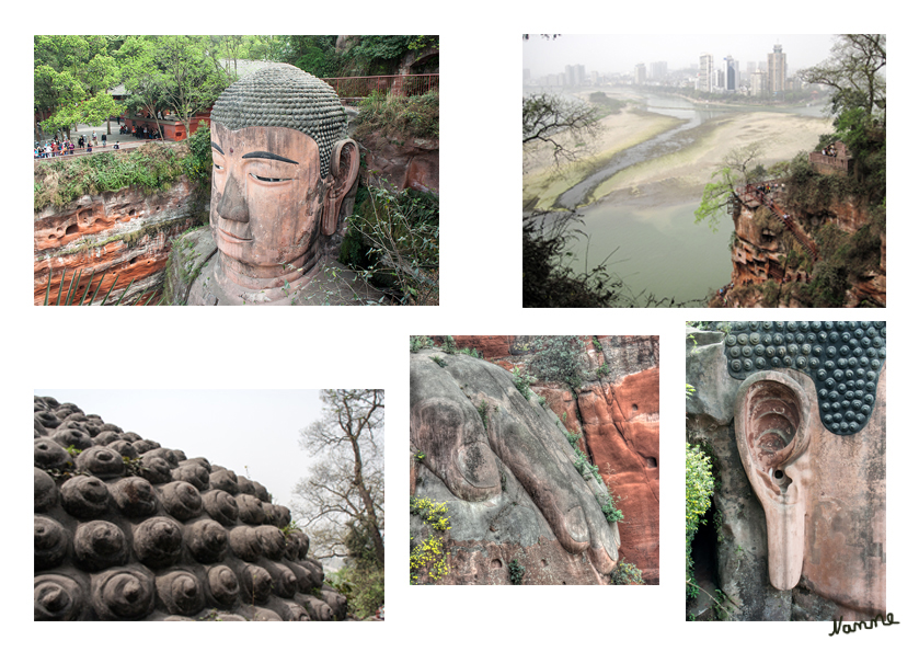 Der große Buddha
der zwischen 618–907 durch buddhistische Mönche aus dem Fels gehauen wurde.
Die sitzende Buddhastatue misst in der Höhe 71 m, die Schultern haben eine Breite von 28 m, was den Leshan-Buddha zum größten der Welt macht. Allein der Kopf hat eine Höhe von 15 Metern und eine Breite von 10 Metern und die Ohren sind 7 Meter.
Schlüsselwörter: Leshan Buddha China