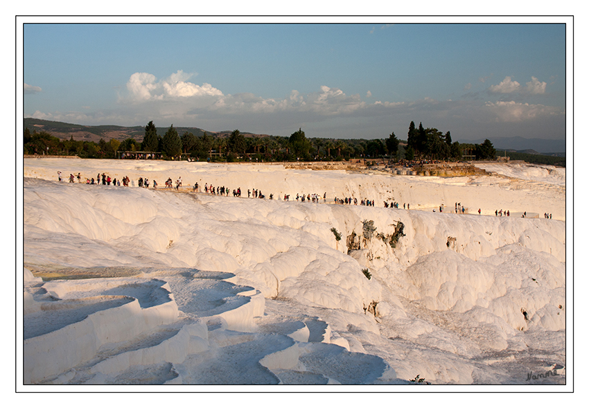 Pamukkale
Eine steiler Weg führt hinauf.
Hier darf Barfuß unter Aufsicht, wer vom Weg abweicht wird verwahnt, der Kalkstein betreten werden.
inzwischen (Stand 2009) ist es nach rund zehn Jahren intensiver Renaturierung gelungen, den größten Teil Pamukkales wieder in seinem natürlichen weißen Glanz erscheinen zu lassen, auch wenn einige Teile nach Expertenmeinung noch etwa 30 Jahre benötigen werden, um sich wieder in ihrem alten Erscheinungsbild präsentieren zu können.
Quelle Wikipedia 
Schlüsselwörter: Türkei         Pamukkale