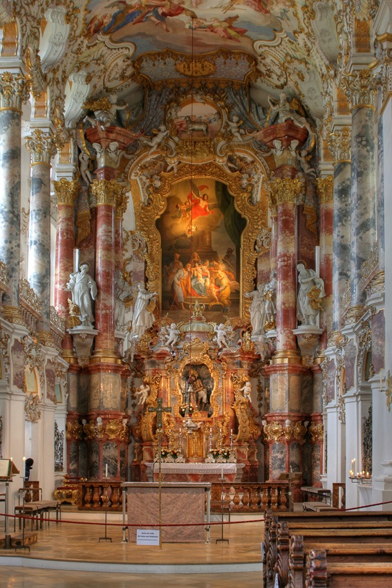 Wieskirche l
Das Altarbild stammt von dem Münchner Hofmaler Balthasar August Albrecht
Schlüsselwörter: Wieskirche    Bayern    Altar