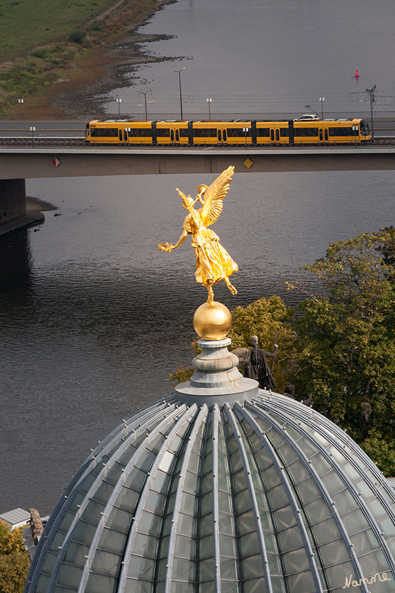 Dresden - Aussicht von der Frauenkirche
Fama (Fama ist in der römischen Mythologie die Gottheit des Ruhmes wie auch des Gerüchts) auf der Kuppel des Oktogons (Zitronenpresse) der Dresdner Kunstakademie.
Schlüsselwörter: Dresden, Frauenkirche