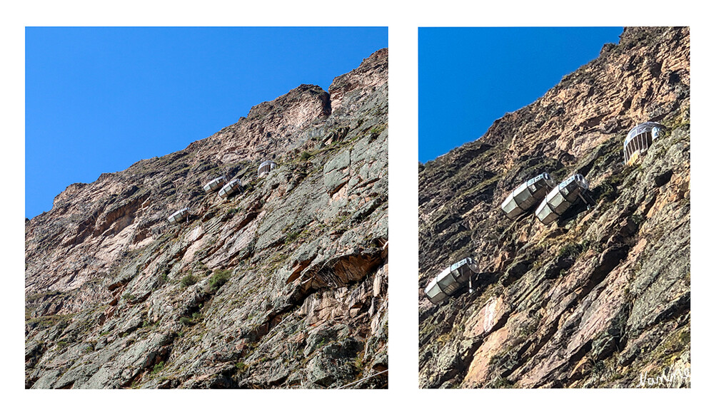 1 Peru Hängende Betten von Urubamba
Die Betten liegen in einer transparenten, hängenden Kapsel, die mit Drahtseilen am Berg befestigt ist. Die Lodge befindet sich im hoch gelegenen Urubamba zwischen Cusco und Machu Picchu, im Heiligen Tal der Inkas. 
Schlüsselwörter: Peru