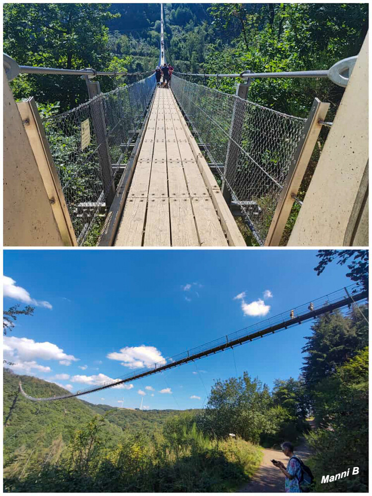 Geierlay Hängebrücke bei Mönsdorf
Die Hängeseilbrücke Geierlay (offizieller Name), oder kurz Geierlay, ist eine Fußgängerseilbrücke in Rheinland-Pfalz. Sie liegt im Hunsrück und überquert das Mörsdorfer Bachtal zwischen den Ortsgemeinden Mörsdorf (Rhein-Hunsrück-Kreis) und Sosberg (Landkreis Cochem-Zell). Mit 360 m Länge war sie bis 2017 die längste Hängeseilbrücke Deutschlands, danach ging dieser Rang an die Titan RT in Sachsen-Anhalt, welche im Harz an der Rappbode-Talsperre liegt. laut Wikipedia
