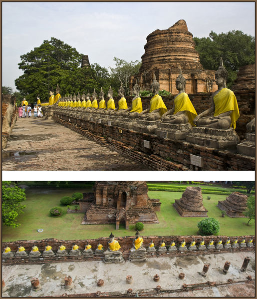 Wat Yai Chai Mongkon
Ursprünglich war die Chedi von einem Phra Rabieng (überdachte, nach innen offene Galerie) umgeben, die tragenden Säulen sind zum Teil noch erhalten. Heute sitzen entlang der Einfassungsmauer zahlreiche Buddha-Statuen aus modernerer Zeit aufgereiht.
Schlüsselwörter: Thailand