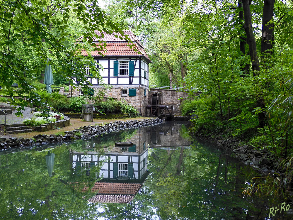 Mühlengebäude
im Jahre 1760 ließ Burgherr Giesbert von Frydag die schmucke Fachwerkmühle mit massivem steinernen Unterbau errichten. Bis 1930 wurde in der Schlossmühle Korn gemahlen. (lt. nrw-stiftung)
