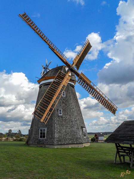 Erdholländer
erbaut 1752. Gesehen in Steinhagen,  Mecklenburg- Vorpommern. 
Schlüsselwörter: Erdholländer, Windmühle