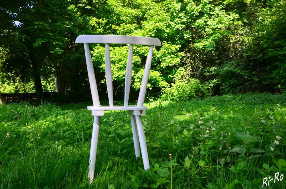 Rückseite
Stuhl abgestellt mit Blickrichtung in den Wald.
