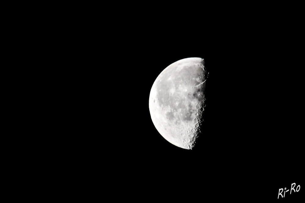 Abnehmender Mond
nach der Phase des Vollmondes tritt der Erdtrabant in seine nächste Stufe. Er ist jetzt als abnehmender Mond sichtbar. Das ist gut daran zu erkennen, dass er sich nur mit seiner linken Hälfte für das menschliche Auge zeigt. Die andere Mondhälfte liegt, von der Erde aus betrachtet, im Dunkel. (astroschau)
