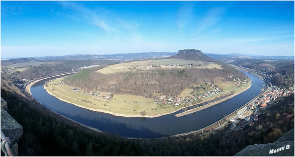 Festung Königsstein
Blick von der Festung Königstein in der Sächsischen Schweiz auf die Elbschleife mit dem Lilienstein.
Schlüsselwörter: Sächsische Schweiz Festung Königsstein