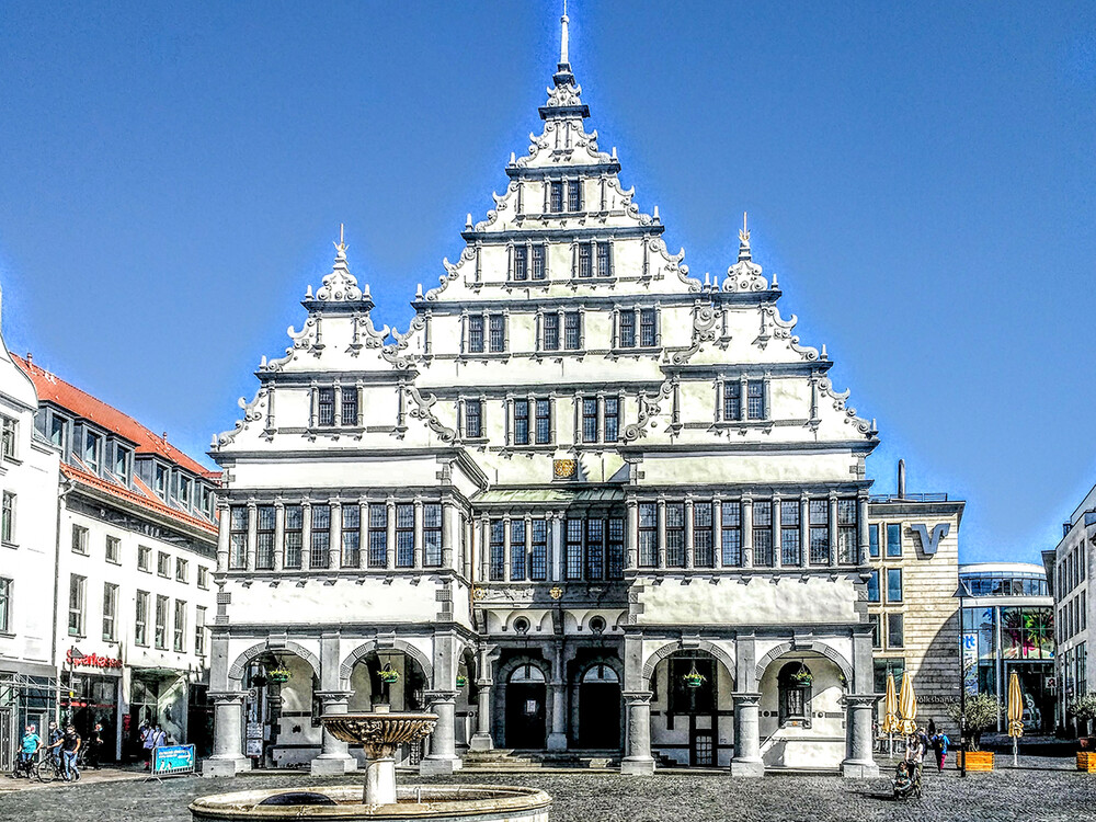 Das historische Rathaus
von Paderborn ist neben dem Hohen Dom eines der Wahrzeichen der Stadt Paderborn. Es wurde 1613–1620 durch Hermann Baumhauer als herausragendes Beispiel der Weserrenaissance im Auftrag von Fürstbischof Dietrich unter Einbeziehung eines Vorgängerbaus von 1473 errichtet. Wikipedia

