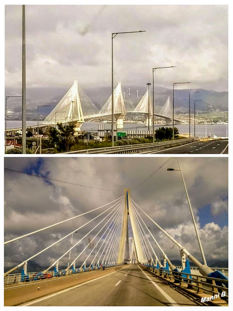 Charilaos-Trikoupis-Schrägseilbrücke
Die Rio-Andirrio-Brücke oder offiziell Charilaos-Trikoupis-Brücke ist eine Straßenbrücke in Griechenland über die Meerenge von Rio-Andirrio, die den Eingang zum Golf von Korinth bildet. Sie wurde 2004 eröffnet und verbindet Andirrio am Nordufer mit Rio auf dem Peloponnes, acht Kilometer östlich von Patras. lt.Wikipedia
Schlüsselwörter: 2025