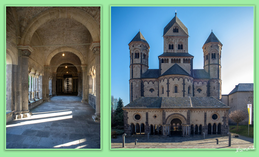 Moseltour - Maria Laach Basilika
Die dreischiffige, doppelchörige Pfeilerbasilika mit zwei Querhäusern und sechs Türmen ist das Herzstück der Klosteranlage Maria Laach und gilt als eines der schönsten und besterhaltenen romanischen Baudenkmäler unseres Landes – in der Tradition der großen rheinischen, romanischen Dome in Speyer, Mainz und Worms. Die Kirche ist aus braun-gelbem Laacher Tuff, weißem Kalkstein aus Lothringen und rotem Kylls-Sandstein dekorativ erbaut. Später verwendete man auch grauen Tuff aus der Eifel und Basaltlava. lt. maria-laach
Schlüsselwörter: Rheinland-Pfalz; 2026