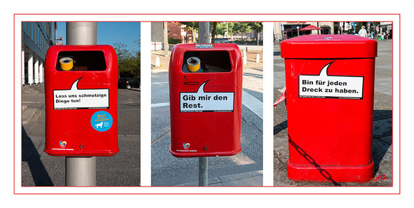 Mülleimer
Diese Art der Werbung für Müllentsorgung sprach mich in Hamburg sehr an.
Schlüsselwörter: Mülleimer
