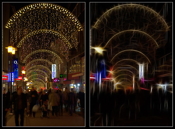 Weihnachtsbeleuchtung
Limbecker Straße
Eine alte Einkaufsstraße - sie führt direkt zum Limbecker Platz - dem neuen Highlight in Essen

Rechts kreativ bearbeitet
Schlüsselwörter: Essen