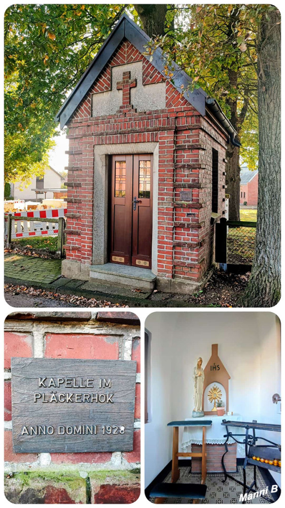 Groß Reken
Die Kapelle Pläckerhok in Groß Reken steht am Kreuzungsbereich von Lindenweg, Steinstraße und Pläckerweg. Die Nachbarschaft errichtete die Segenskapelle im Jahr 1929, nachdem dort bereits seit 1886 ein Marien-Bildstock stand. Bis heute wird sie von der Oberdörfer Nachbarschaft gepflegt und dient als Station für die Fronleichnamsprozession.lt.st-heinrich-reken
Schlüsselwörter: 2026