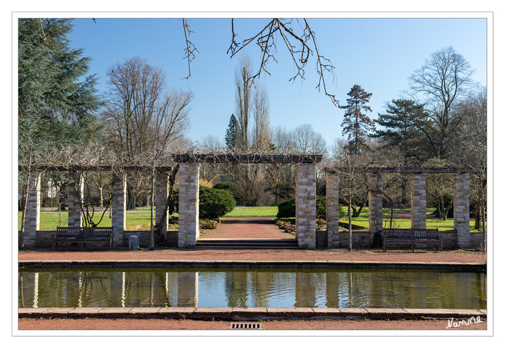 Wassergarten im Nordpark l
Auch der streng gestaltete Wassergarten ist bei den Besuchern beliebt. Er besteht seit der Eröffnung  1937 fast unverändert. Massive Pergolen aus Naturstein-Pfeilern umschließen den zentralen rechteckigen Seerosenteich. lt lokalkompass
Schlüsselwörter: 2025